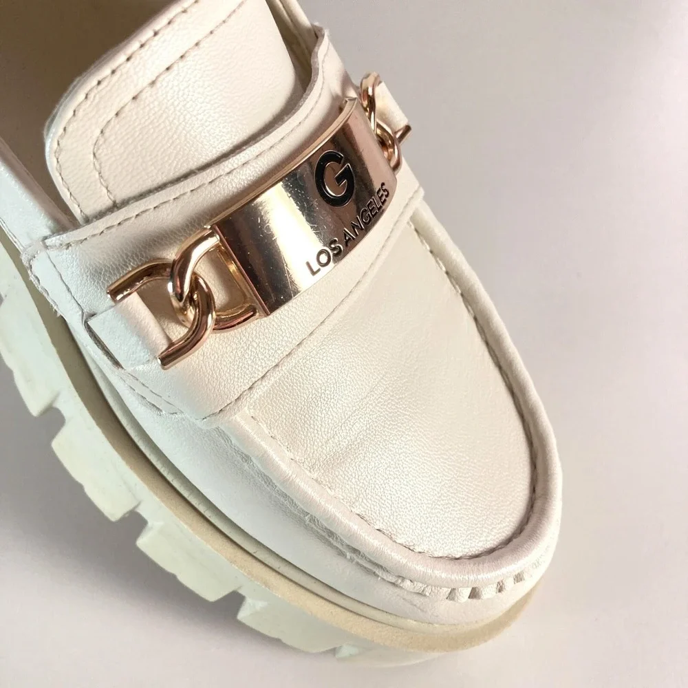 Y2k Guess Chunky Platform Loafer White Gold Buckle GBG Logo Heel Shoe Womens 8